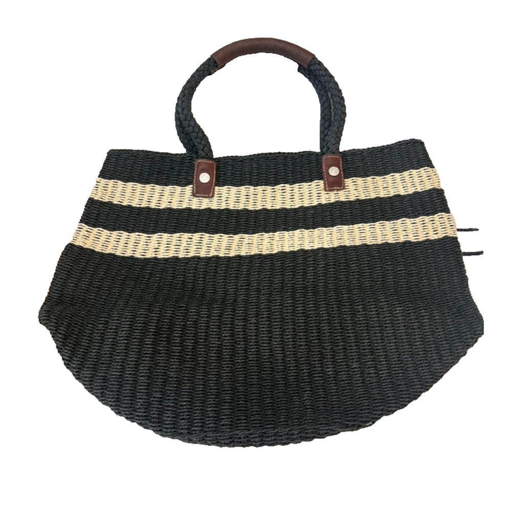 Gap Woven Large Beach Paper Bag Tote w Leather Straps Charcoal Cream